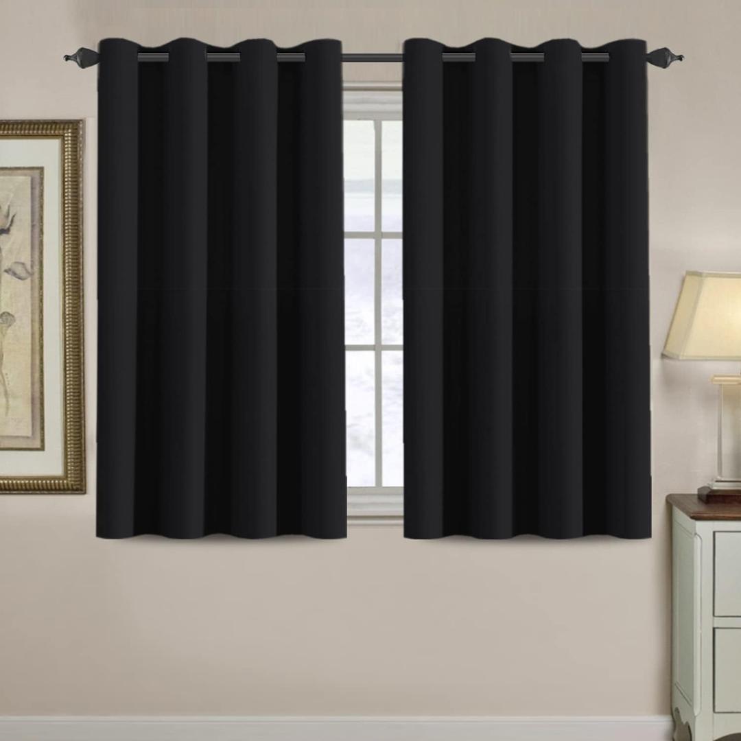 H.VERSAILTEX Blackout Curtain for Living Room Small Window Kitchen Blackout Curtains 45 inch Length Energy Saving Solid Grommet Blackout Drape, One Panel, Jet Black, 52" W x 45" L
