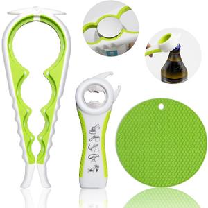 Can Opener and Jar Opener Set for Weak Hands - Heavy Duty Stainless Steel Manual Can Opener, 5-in-1 Bottle Opener, Corkscrew & Silicone Grippers - Kitchen Gadgets for Seniors & Arthritis