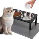 Upgraded Elevated Cat Bowls with Food Mat,15Tilted Stand Anti Vomiting Raised Cat Dishes for Food and Water,2 Stainless Steel Bowls for Cats and Puppy Black