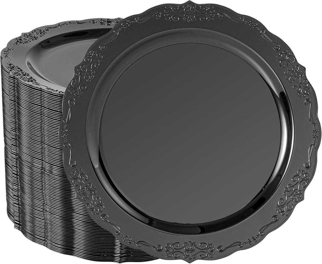100 Pieces Black Plastic Plates - 10.25inch Dinner Disposable Plates - Premium Heavy Duty Hard Disposable Dinner Plates - Party Supplies for Birthdays, Celebrations, Wedding
