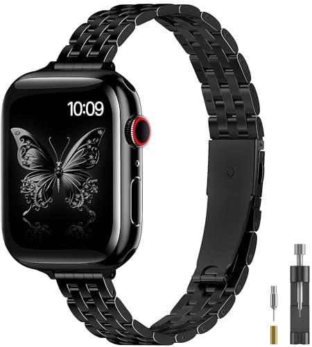 TISIMO Thin Metal Band Compatible with Apple Watch Bands for Women 40mm 41mm 38mm,Slim Dressy Stainless Steel Strap for iWatch Bands SE SE2 Series 9 8 7 6 5 4 3 2 1,Black