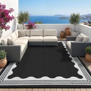 Garvee Outdoor Rug 8x10 Scalloped Waterproof Patio RV Outdoor Rugs Reversible Foldable Plastic Straw Rug Modern Camping Carpet for Deck Camper Porch Balcony Backyard Picnic Beach Black and White