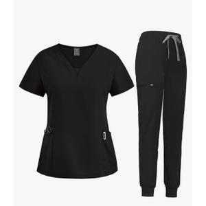 niaahinn Scrub Suit Set for Women Modern V-neck Top & Tapered Leg Jogger Pants with Drawstring Medical Nursing Uniforms Set, S