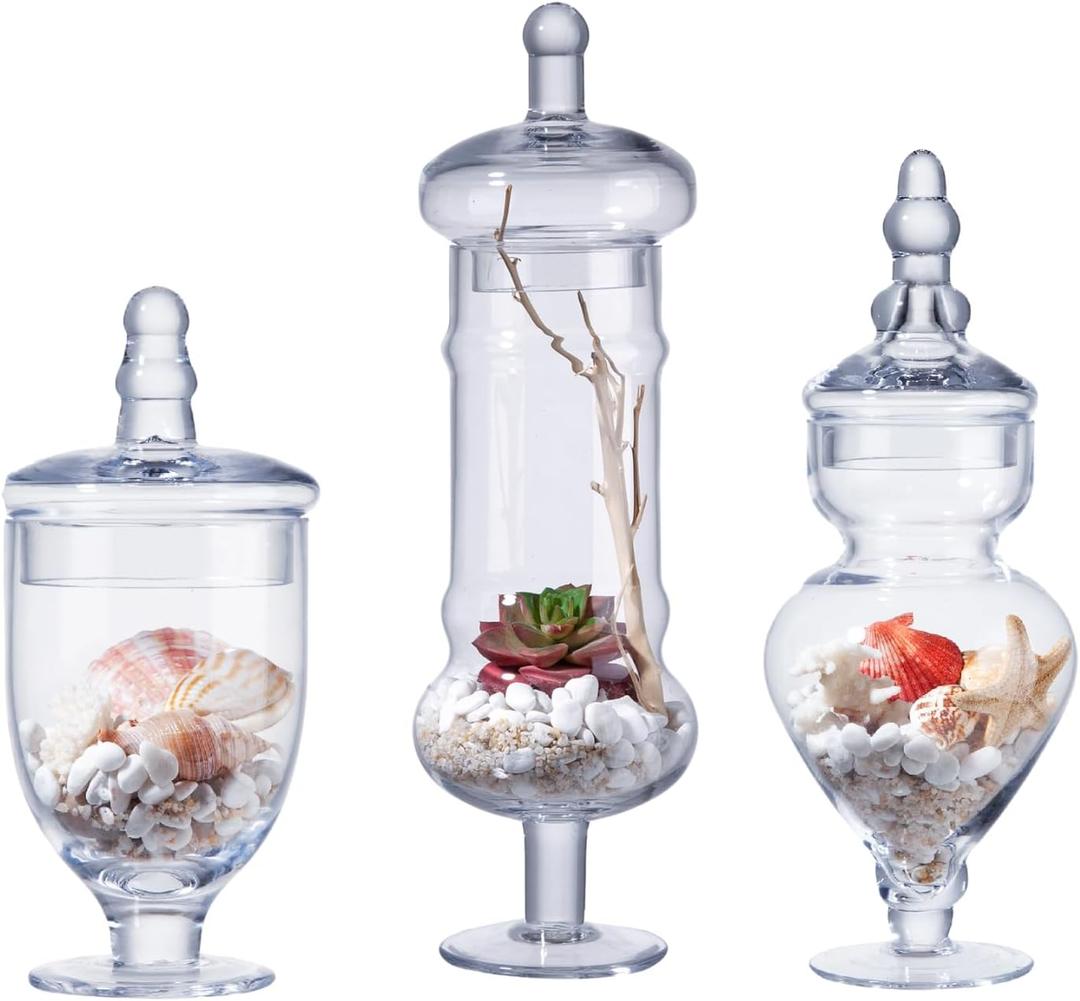3-Pack Glass Apothecary Jars with Lids  Decorative Candy Storage Containers for Wedding, Buffet, Kitchen (H: 9", 12.5", 14") (Clear)