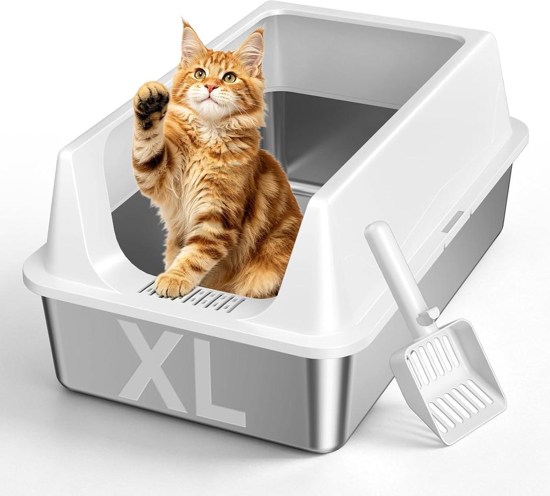 1 Pack XL Stainless Steel Litter Box with High Sides Shield for Multi Cat, Extra Large Tall Wall Open Top Deep Metal Pan for Big Cats, Anti-Leak Non-Stick Odor Control, 2 Scoops Included, Gray