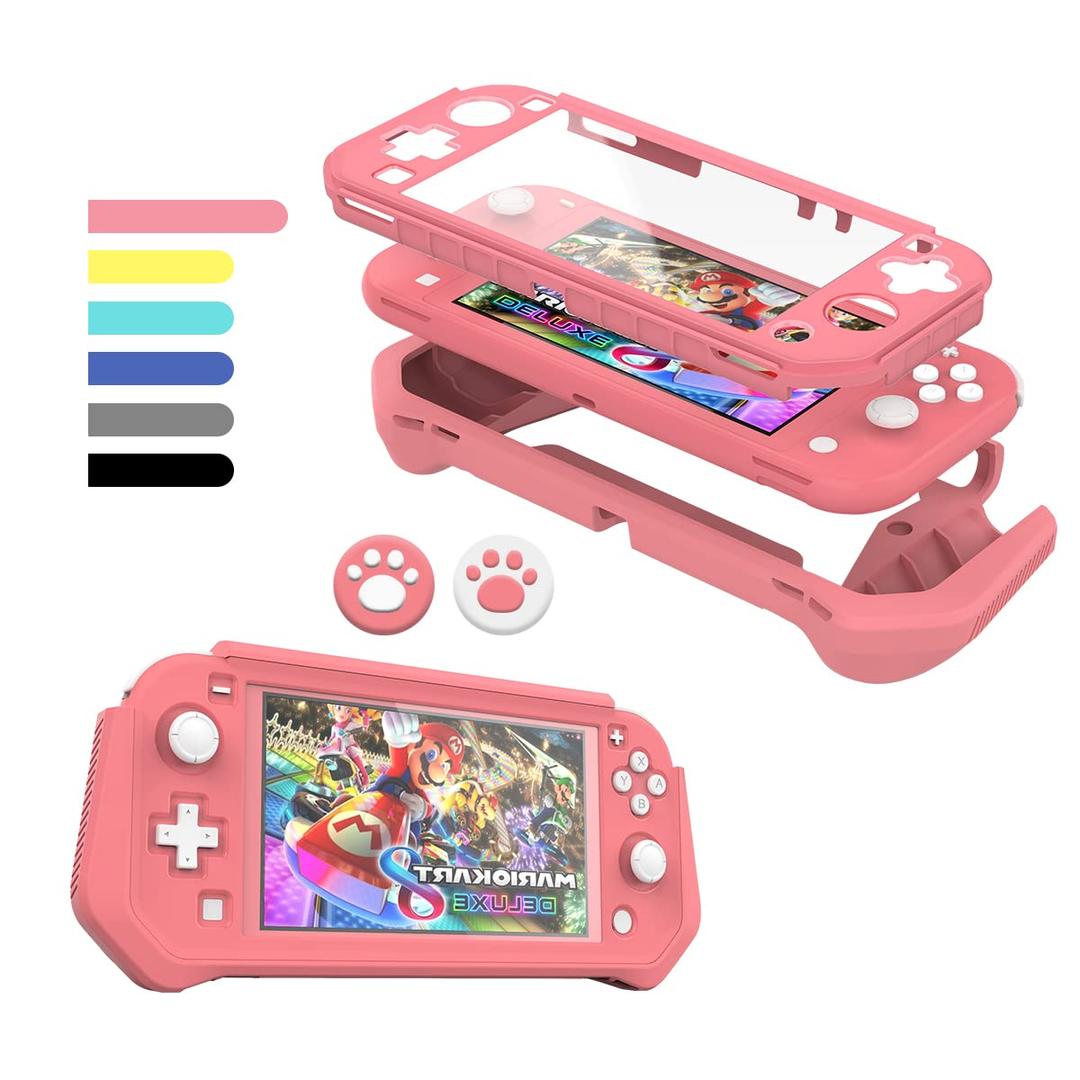 Switch Lite Case Protective Case for Nintendo Switch Lite, Compatible with Nintendo Lite, Screen Protector Cover Hand Grip Cover with Detachable TPU+Built-in PC Screen + 2 Thumb Grip Caps, Pink