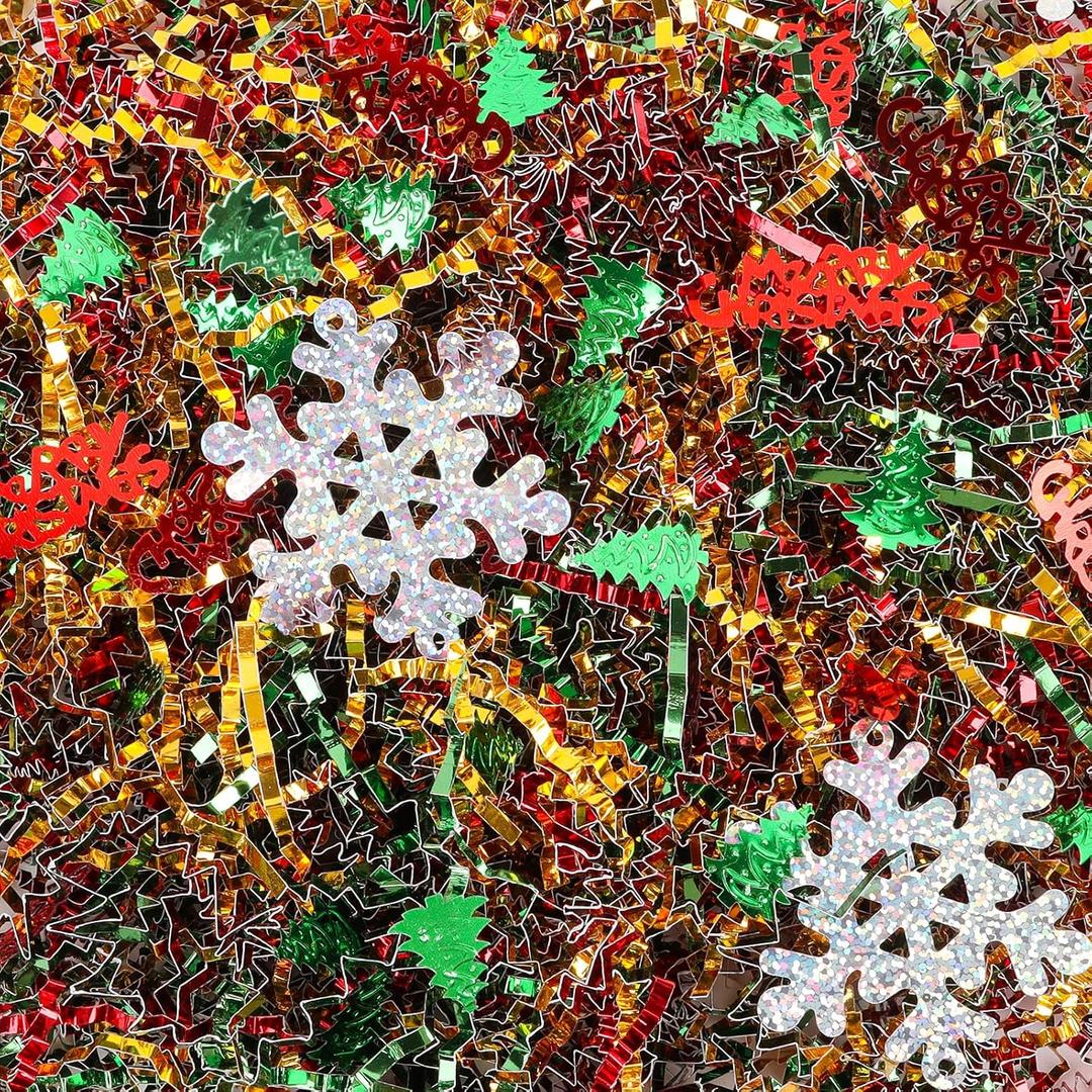 FOIMAS Christmas Crinkle Cut Paper Shred Filler,7oz Christmas Raffia Paper Sherd Filler with Metallic Xmas Confetti for Gift Box Filler Basket Stuffer Xmas Gift Wrapping Supply, Green Red Gold