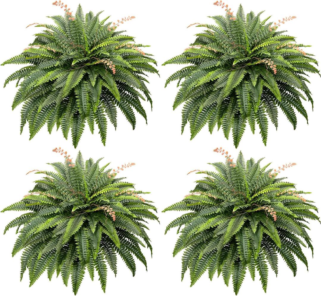 CQURE Artificial Boston Ferns for Outdoors, 50 Inch Large Fake Fern Plant with 96 Fronds, Set of 4 Realistic Artificial Fern Bushes for Indoor Outdoor Garden, Porch, Patio Decor