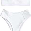 ZAFUL Women's High Cut Bandeau Bikini Set Strapless Solid Color 2 Pieces Bathing Suit Swimsuit (0-White, L)