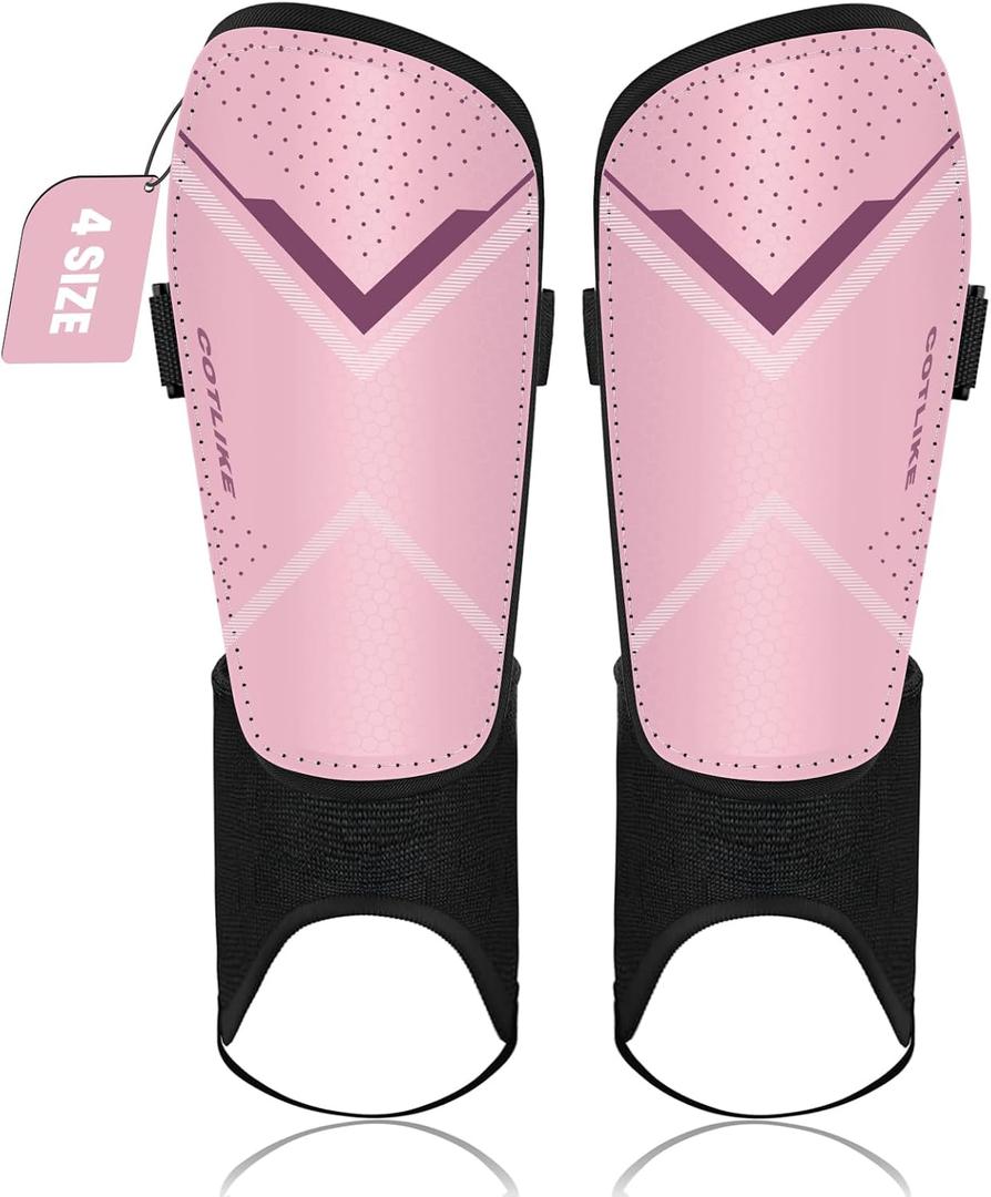 COTLIKE Soccer Shin Guards for Kids Youth Adults Toddler, Shin Defender Shin Guards with Ankle Protection Football Gear for 3 5 4-6 7-9 10-12 Years Old Boys Girls Espinilleras de Futol para Hombres (X-Small, Pink)