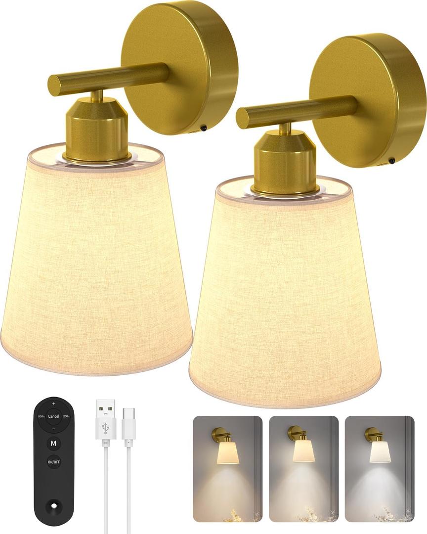 Wireless Wall Sconces Set of 2, 6000mAh Battery Operated Wall Sconce with 3 Color Temperature Bulb and Remote, Dimmable Magnetic Wall Sconce for Bedroom, Living Room, Dinning Room