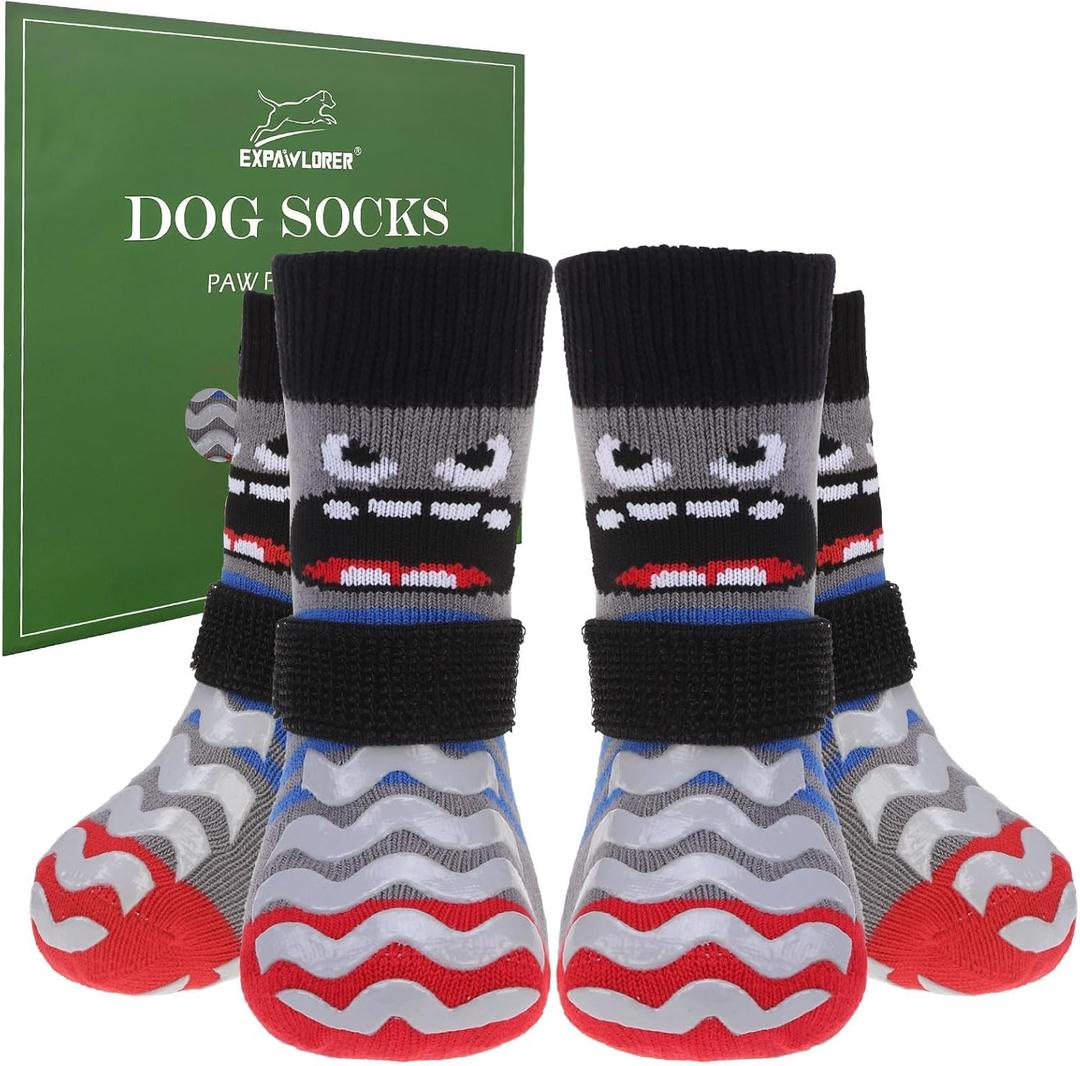 EXPAWLORER Dog Socks to Prevent Licking Paws with Grippers for Hardwood Floors Anti Slip, Cute Double Sides Dog Winter Shoes Booties Boots & Paw Protectors with for Small Medium Large Senior Dogs S (Grey)