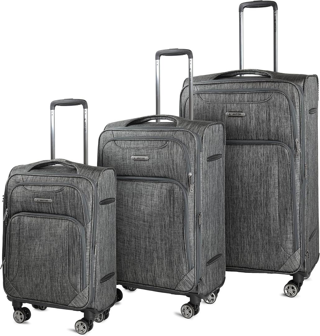 Cantor Ultra Lightweight Softside Luggage with Spinner Wheels, Set of 3, Expandable Suitcase with Retractable Handle and ID Tag, and Interlocking Zippers with TSA Lock (Grey)