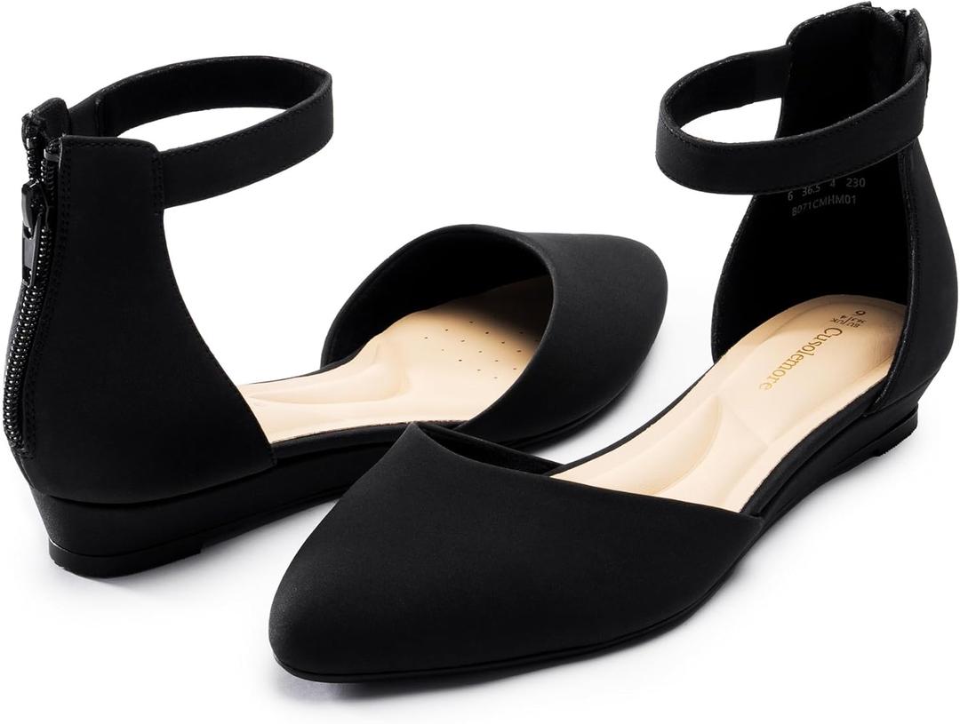 Women Flat Shoes with Ankle Strap, Low Wedge Heel Flats for Women, Comfortable Pointed Toe Dress Shoes for Work Business Wedding (10, Black Nubuck)