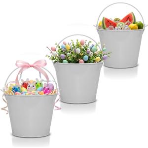 PLEXON Ice Bucket for Parties Coctail Bar Restaurant - Drink Beer Champagne Metal Pail Bucket with Handle, Beverage Chiller, 1.3 Gallon, Galvanized Steel, Gray, Set of 3