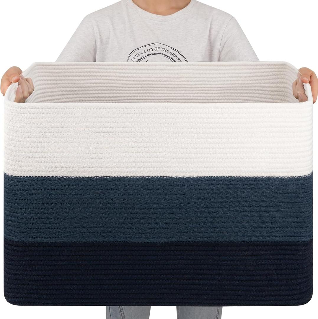 OIAHOMY 108L Super Large Blanket Basket, 25x16x16 Rectangle Woven Baskets for Storage, Cotton Rope Basket For Living Room, Toy Storage with Handle - Gradient Blue