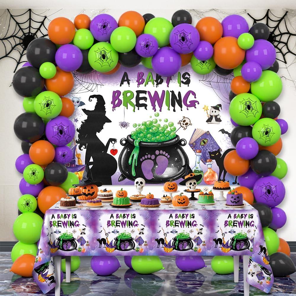 Halloween Baby Shower Party Decoration, A Baby Is Brewing Party Supplies with Backdrop Tablecloth Balloons Halloween Gender Reveal Party Decor Supplies