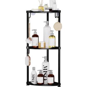 SWTYMIKI Corner Shower Caddy Standing - 3 Tier Stainless Steel Shower Organizer Stand, Large Capacity Floor Shelf with 4 Hooks, Rustproof Bathroom Storage Rack, Black