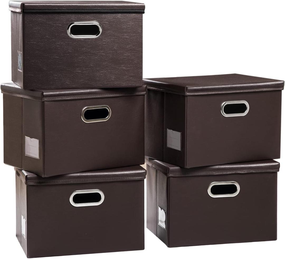 PRANDOM Large Stackable Storage Boxes with Lids [5-Pack] Leather Fabric Foldable Storage Bins Organizer Containers Baskets Cubes with Cover for Bedroom Closet Office Nursery Brown (17.7x11.8x11.8)
