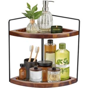 Demigo Bathroom Corner Counter Organizer 13.2x9.9 inch, 2 Tier Acacia Wood Organizer Countertop, Corner Storage Shelf Standing Rack, Cosmetic Vanity Tray Kitchen Spice Rack, Bathroom Storage Dcor