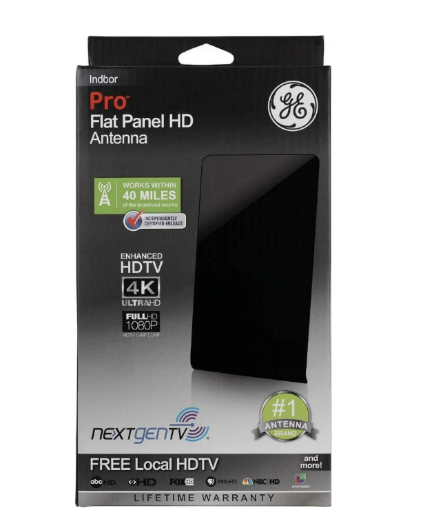 General Electric Flat Panel Indoor HDTV Antenna, 40-mile Range, VHF 1080P 4K, Black, 48283