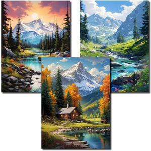 Axquilon 3 Packs Landscape Paint by Numbers Kit for Adults, DIY Watercolor Oil Painting by Numbers Kit, Easy Acrylic Adults Paint by Numbers Kit for Home Wall Decor 12x16in