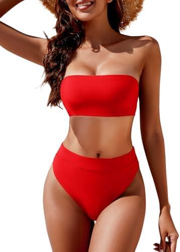 YACUN Women's High Waisted Bikini Swimsuit Two Piece Strapless Bandeau Cheeky Bathing Suits Medium