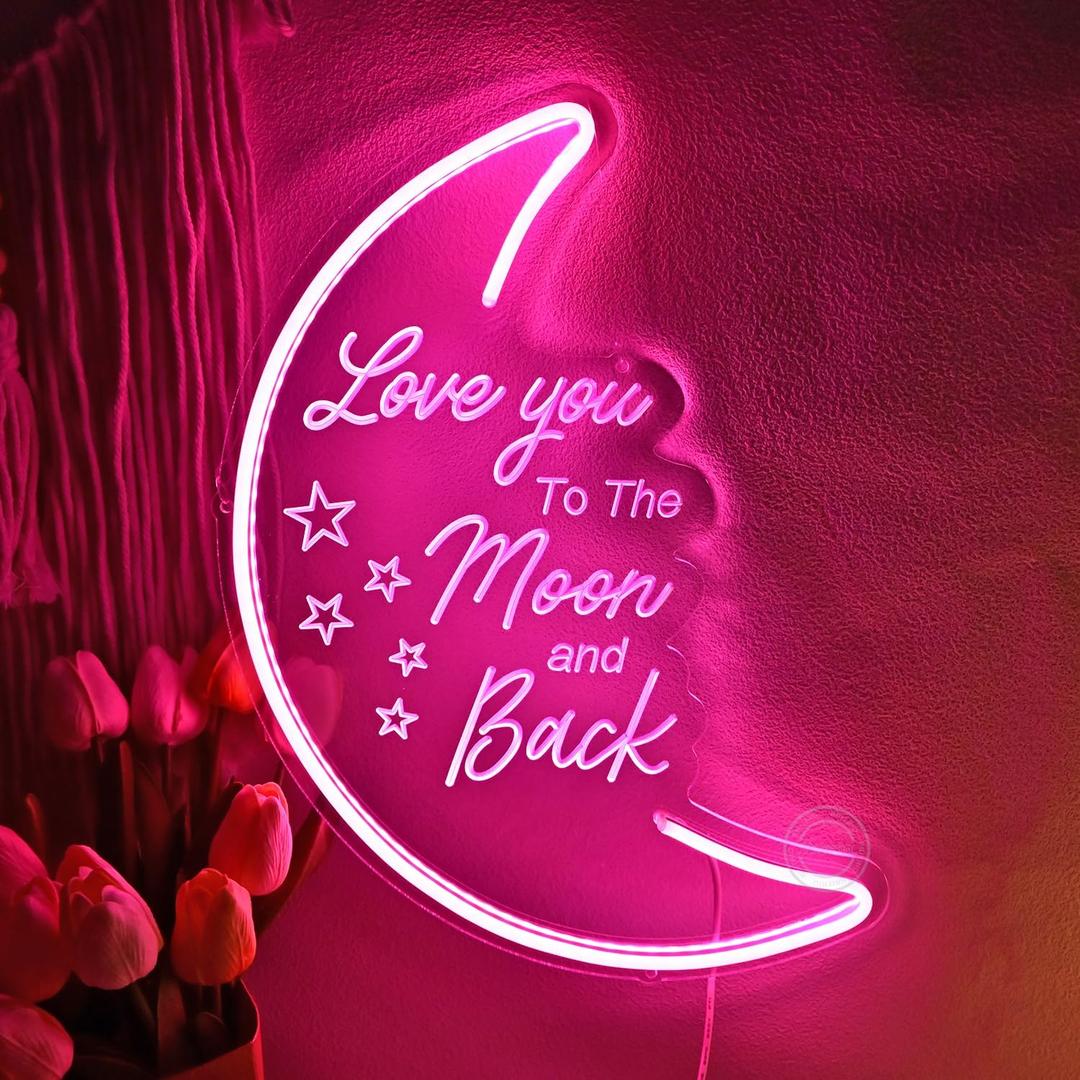 Britrio LED Moon Neon Light Sign, 15.75”x10.24” Pink To the Moon And Back Neon Wall 3D Art for Girls Kid’s Bedroom Birthday Party Gift,Home Decor Night Light 5V USB Powered with Dimmer Switch