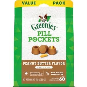 Greenies Pill Pockets for Dogs, Large Size Soft Dog Treats, Peanut Butter Flavor, 15.8 oz. Pouch (60 Count (Pack of 1))