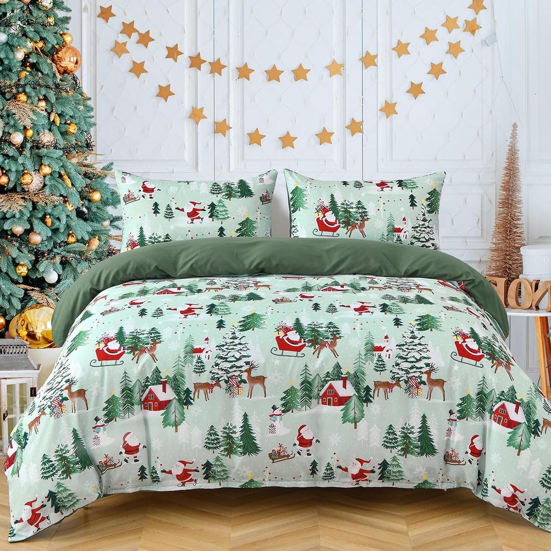 Christmas Duvet Cover Queen Size Set - Extra Soft Queen Duvet Cover with 2 Pillow Shams - Holiday Xmas Bedding with Zipper Closures and Ties - Comfy, Cozy, Breathable Bed Set, Green Tree