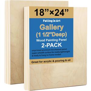 Falling in Art 2 Pack Unfinished Wooden Canvas Panels, 18x24 Gallery Birch Wood Panels Kit, 1 1/2" Deep Art Cradle Boards for Acrylic Painting, Pouring and Burning