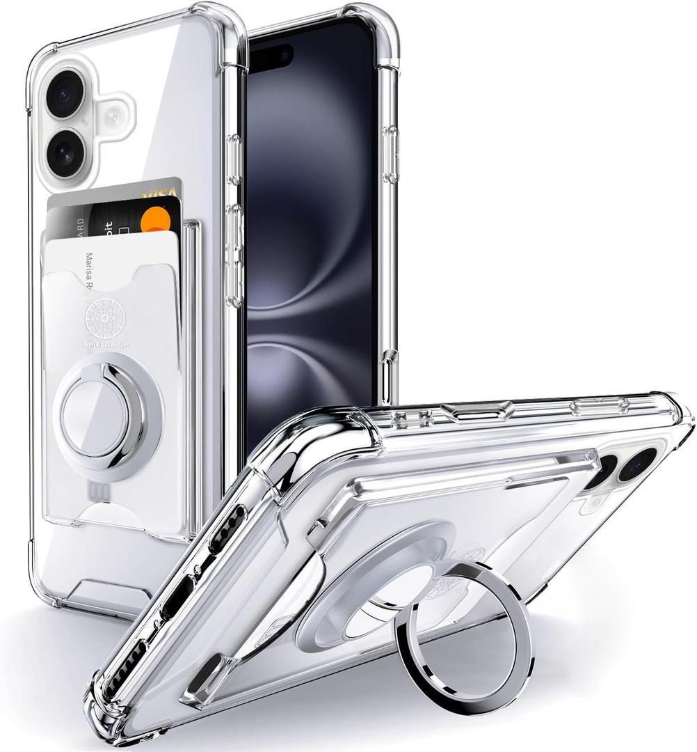 Shields Up Designed for iPhone 16 Case, Minimalist Wallet Case with Card Holder (3 Cards) & Ring Stand, [Drop Protection] Slim Protective Cover for iPhone 16 (6.1 inch) - Clear