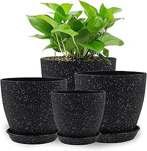 KPUVX Plant Pots Indoor with Saucers & Drainage  4 Pack Flower Pots for Indoor Plants Plastic Planters for Outdoor Planter  8.5/7.5/6.5/6 inches Sizes for All Different Types of Plants (Black)