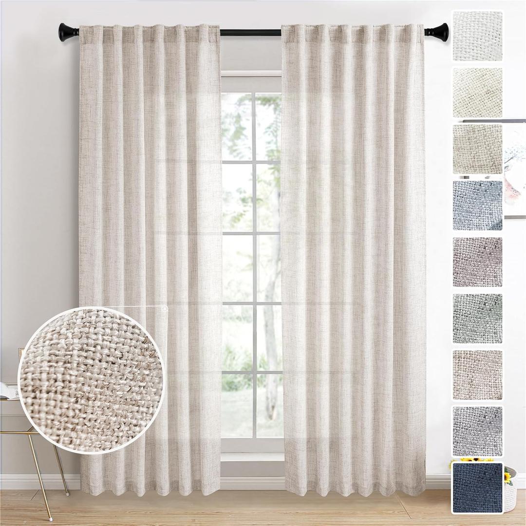 Linen Drapes 92 Inch Long Curtains 2 Panels Set Rod Pocket Back Tab Light Filtering Privacy Window Sheer Curtain Panels for Living Room Bedroom Farmhouse, 50x92 in Long