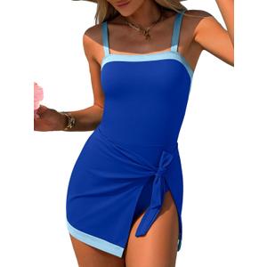 ANRABESS Swimsuits for Women One Piece Swim Dress Tummy Control Bathing Suit Full Coverage Wrap Skirt Tie Knot 2026 Swimwear (Blue, L)