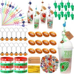 Weysat 184 Pcs Football Party Favors Party Supplies with Cup Straw Stress Ball Keychain Sticker Bracelet Whistle Thank You Tags for Birthday Decorations (Football)