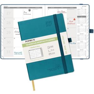 POPRUN Monthly Planner 2026-2027 (Medium- 6.5'' x 8.5'' Soft Cover), 18-Month Calendar Book (Jul.2026-Dec.2027), Calendar Planner with Monthly Tabs & Pocket, 100 GSM Paper - Pacific Green