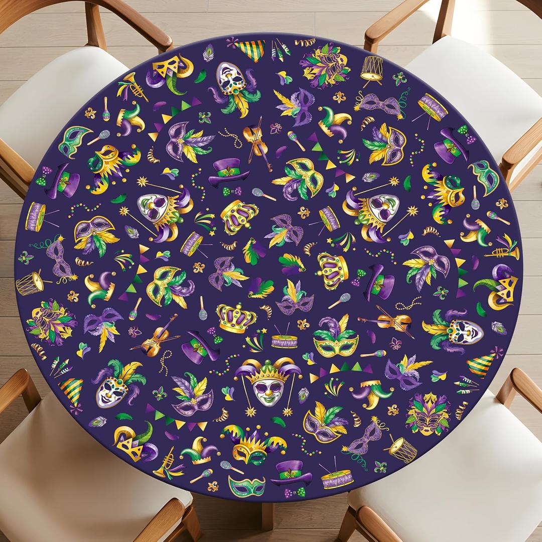 Mardi Gras Round Fitted Tablecloth with Elastic Carnival Festival Round Table Cover Waterproof Mardi Gras Table Decorations for Patio Holiday Kitchen Party Fits to 44"-48" (Purple, 48" (Round))