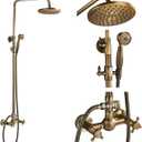 NeierThodore Antique Brass Bathroom Shower Faucet System Set 8 Inch Rainfall Shower Head Handheld Spray 2 Knobs Mixing