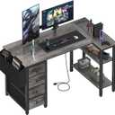Lufeiya L Shaped Computer Desk with Drawers & Storage Shelves, 47 Inch Small Corner Desk with Power Outlet for Home Office Bedroom, L-Shaped Gaming PC Desks with Fabric Drawer, Gray