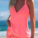 ROSEWE Womens Tankini Bathing Suits, Two-Piece Smocked Swim Dress, Print Swimsuits with Board Shorts (Pink, XL)