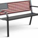 Outdoor Bench, Sturdy Metal Garden Bench with Classic Stars and Stripes Design Metal Backrest, 2-Person Patio Bench for Outside Seating, Cast Iron Steel Porch Yard Lawn Furniture, Red