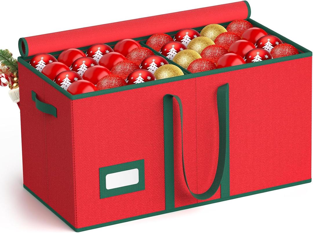 Christmas Ornament Storage Box-Store 128/3" Ornaments, Ornament Organizer Storage box with Dual Zipper Closure Lid & Adjustable Dividers, Large Xmas Decoration Storage Containers, 600D Tear-Proof/Red
