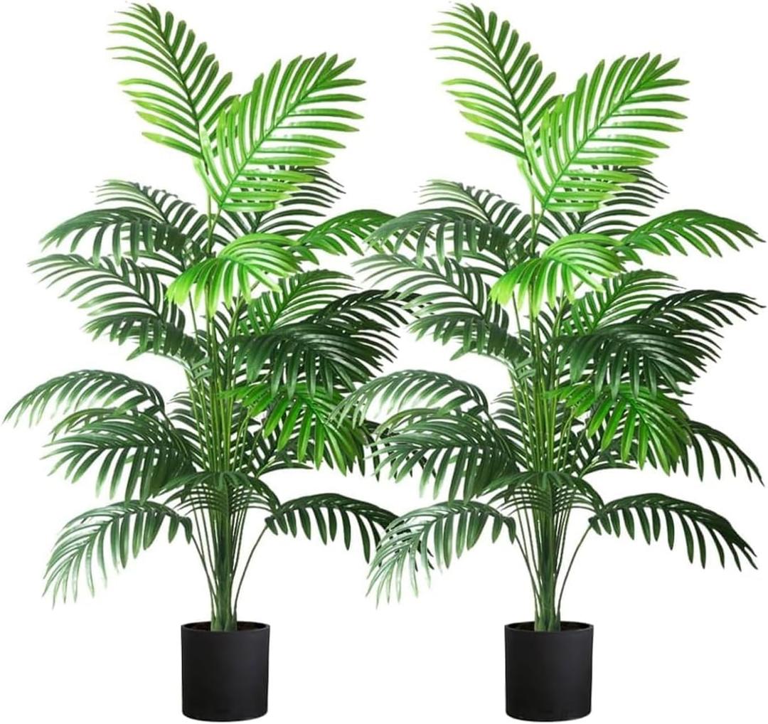 4ft Large Artificial Plants Fake Palm Tree Tropical Palm Leaves Faux Palm Plants Tall Tree Indoor Real Touch Plastic Monstera Leaves for Home Garden Outdoor Office Decor, 125cm