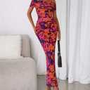 BTFBM Cocktail Dresses for Women 2026 Elegant Classy Off Shoulder Bodycon Mesh Slit Floral Maxi Spring Summer Dress(Floral Purple Orange, X-Large) (XL)