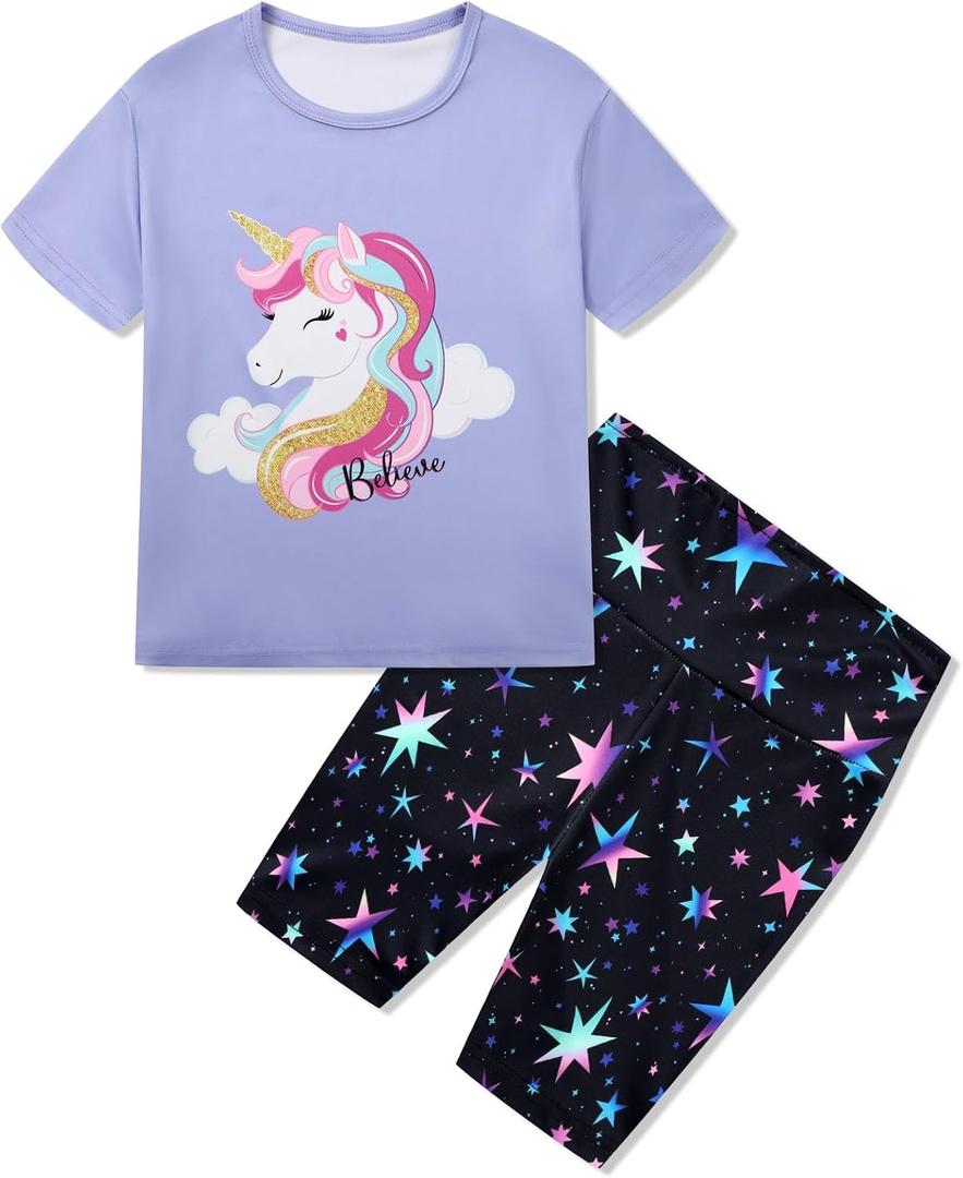 Girls Summer Outfits Cute Graphic Crewneck Short Sleeve T Shirts and Biker Shorts Set Colorful Athletic Outfit 11-12T