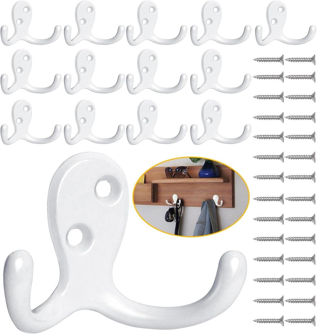 Homanu 14 Pack Coat Hooks, Heavy Duty Double Prong Coat Hooks Wall Mounted with 28 Screws, No Rust White Metal Wall Hooks for Hanging Towel, Coat, Bag, Hat, Cup, Key