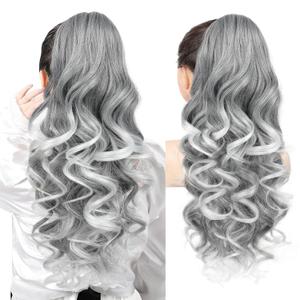 REECHO Ponytail Extension, 24" Claw Clip in Long Curly Wavy Ponytail Hair Extension Jaw Clip on Pony Tails Hairpiece for Women - Grey with White Ends