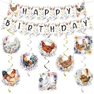 Chicken Birthday Decorations Include Chicken Happy Birthday Banners Hanging Swirls Chick Farm Animal Birthday Theme Party Supplies