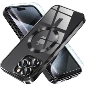 Misea Magnetic for iPhone 15 Pro Max Case with MagSafe [Never Yellowing] [Military Grade Drop Protection] Full Camera Lens Protector Plating Soft Clear Phone Case for Women Girls, Black